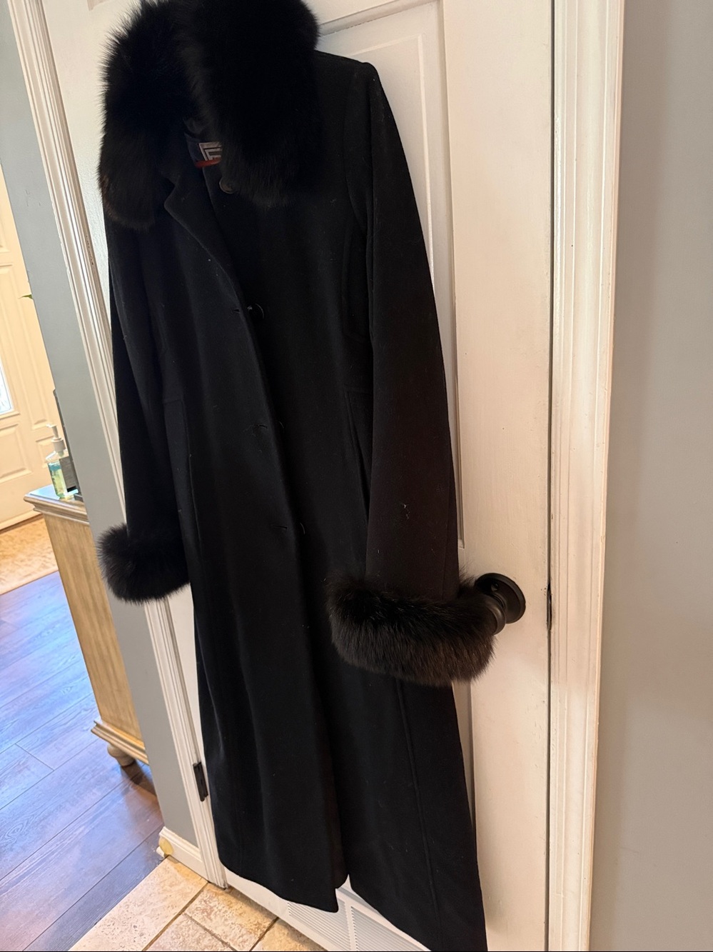 Marvin Richards Black Long Trench Coat with Fur Trim